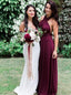 Simple Halter Sleeveless Chiffon Long Bridesmaid Dress Grape Wedding Party Dress BD13