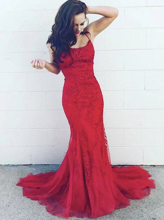 Mermaid lace long prom dress burgundy tulle evening dress mg162