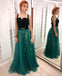 A Line Green and Black Tulle Prom Dresses, Charming Appliques Formal Dress PDI13