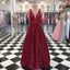 Charming Burgundy V Neck Sleeveless Sequin Prom Dresses A Line Formal Party Dress PDI56