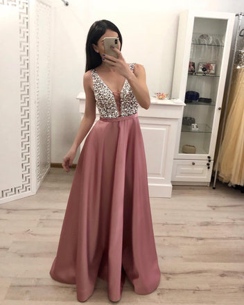 A Line Beading Satin Prom Dresses, V Neck Sleeveless Cheap Prom Dress PDI16