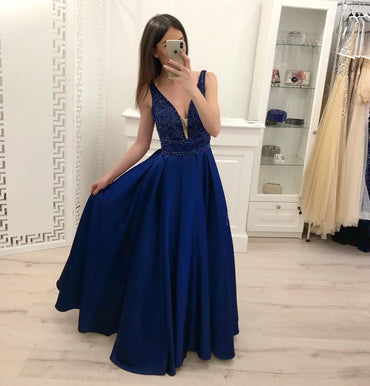 Royal Blue Beading A Line Satin Prom Dress, Cheap Long Evening Dresses PDI17