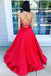 A line v neck red backless prom dresses, pockets formal evening dresses mg192