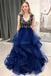 Unique Illusion Long V Neck Royal Blue Ruffles Appliques Sweet 16 Dresses, Prom Dresses TD120