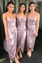 Simple V Neck Ruffles Bridesmaid Dresses Spaghetti Straps Split Wedding Guest Gowns BD08