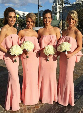 Mermaid strapless pink long bridesmaid dresses with ruched gb395