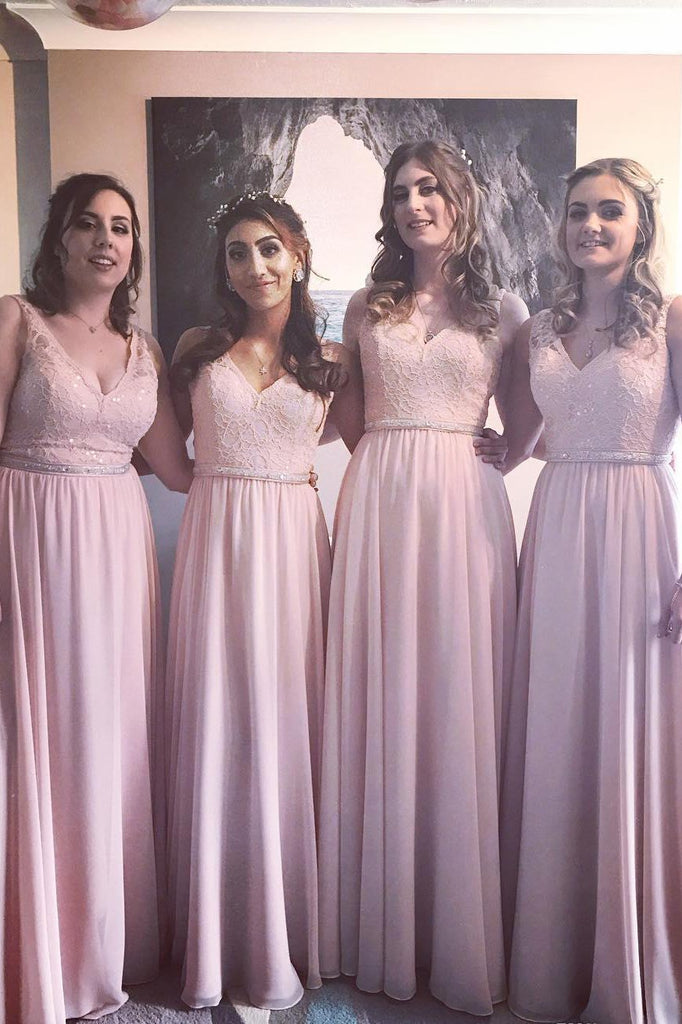 Simple A-line Pink V Neck Chiffon Lace Long Bridesmaid Dresses with Beading  BD03
