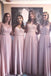 Simple A-line Pink V Neck Chiffon Lace Long Bridesmaid Dresses with Beading  BD03