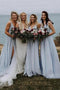 Simple A line V Neck Dusty Blue Bridesmaid Dresses Long Backless Split Bridesmaid Dress BD35