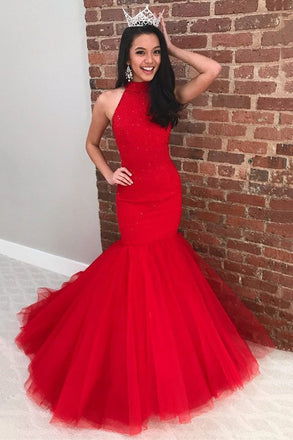 Sparkly Mermaid Red Halter Prom Dresses, Long Tulle Evening Dresses with Beading TD97