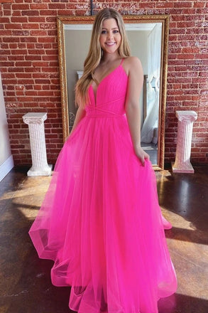 Elegant A Line Spaghetti Straps V Neck Tulle Long Prom Dresses Fuchsia Formal Dress PD141