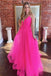 Elegant A Line Spaghetti Straps V Neck Tulle Long Prom Dresses Fuchsia Formal Dress PD141