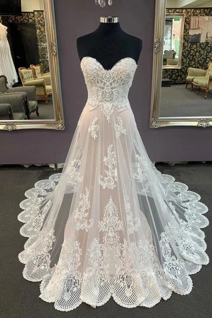 Charming Sweetheart Strapless Lace Appliques Beach Wedding Dress, Cheap Bridal Dresses WD31