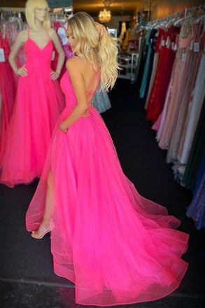Fuchsia backless long prom dresses with split, tulle graduation gown mg164