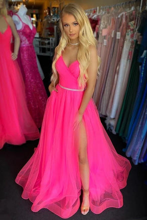 Simple Fuchsia Backless Strapless Long Prom Dresses With Split, Tulle Graduation Gowns TD74