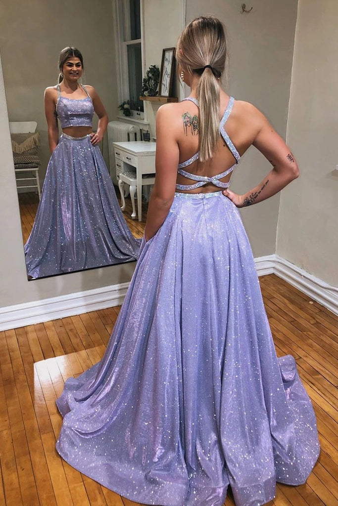 Sparkly Glitter Mint Green A-Line Two Pieces Scoop Prom Dresses With Pockets TD75