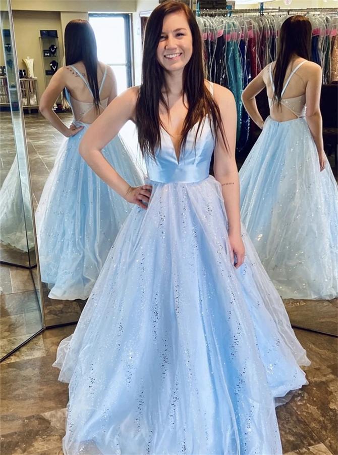 A-line v-neck tulle long prom dress light sky blue evening dress mg161