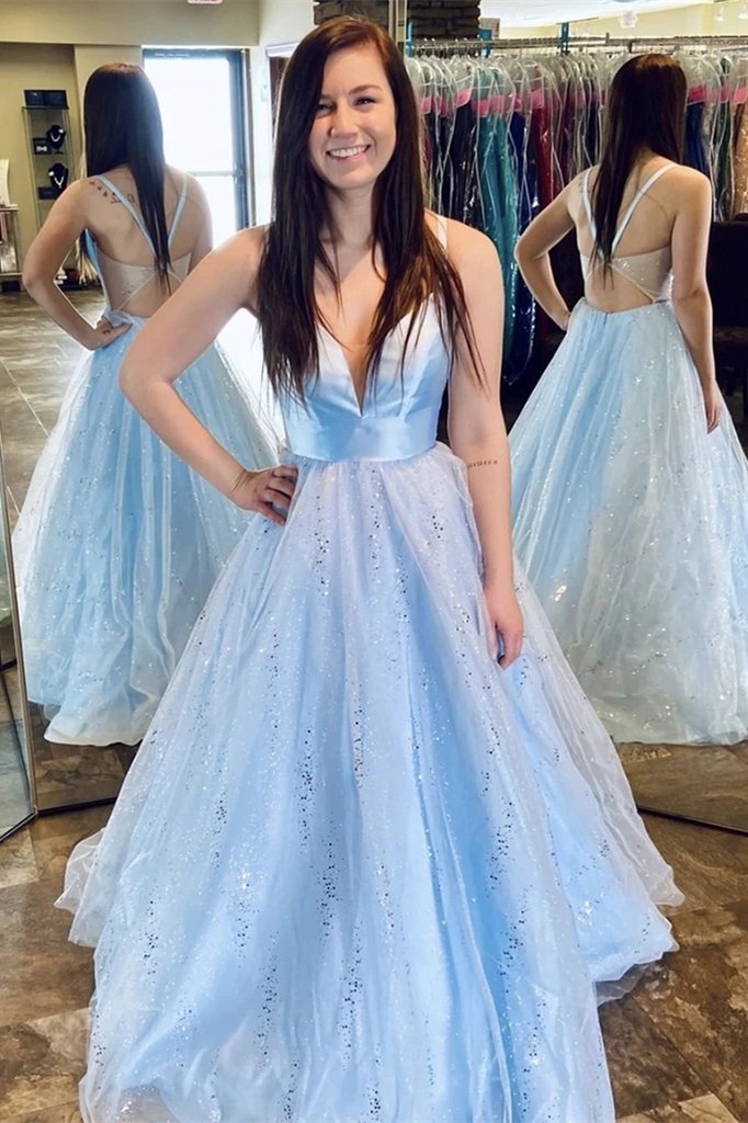 Princess A-line V-neck Tulle Long Prom Dresses Light Sky Blue Evening Dresses TD39