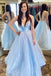 Princess A-line V-neck Tulle Long Prom Dresses Light Sky Blue Evening Dresses TD39