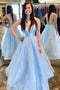 Princess A-line V-neck Tulle Long Prom Dresses Light Sky Blue Evening Dresses TD39