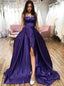 Simple A Line Straps Royal Blue Long Prom Dresses Satin Split Evening Dresses PD168