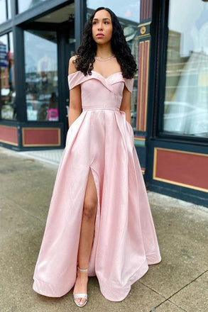 Simple Off the Shoulder Sweetheart Long Prom Dresses, Evening Dresses With Pockets TD106