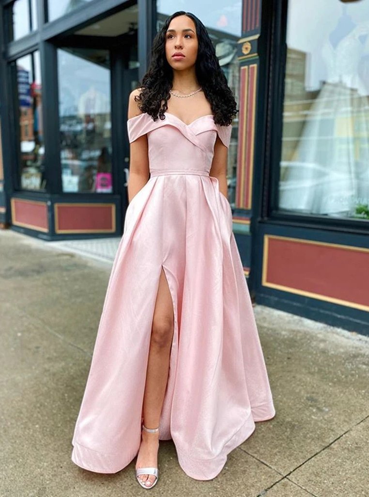 Off shoulder long prom dresses, simple evening dresses with pockets mg197