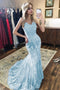 Elegant Spaghetti Straps V Neck Mermaid Lace Prom Dresses, Sky Blue Formal Dresses PD143