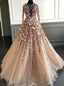 Illusion Long Sleeves 3D Flowers Tulle Prom Dresses Long Cheap Formal Dresses TD114