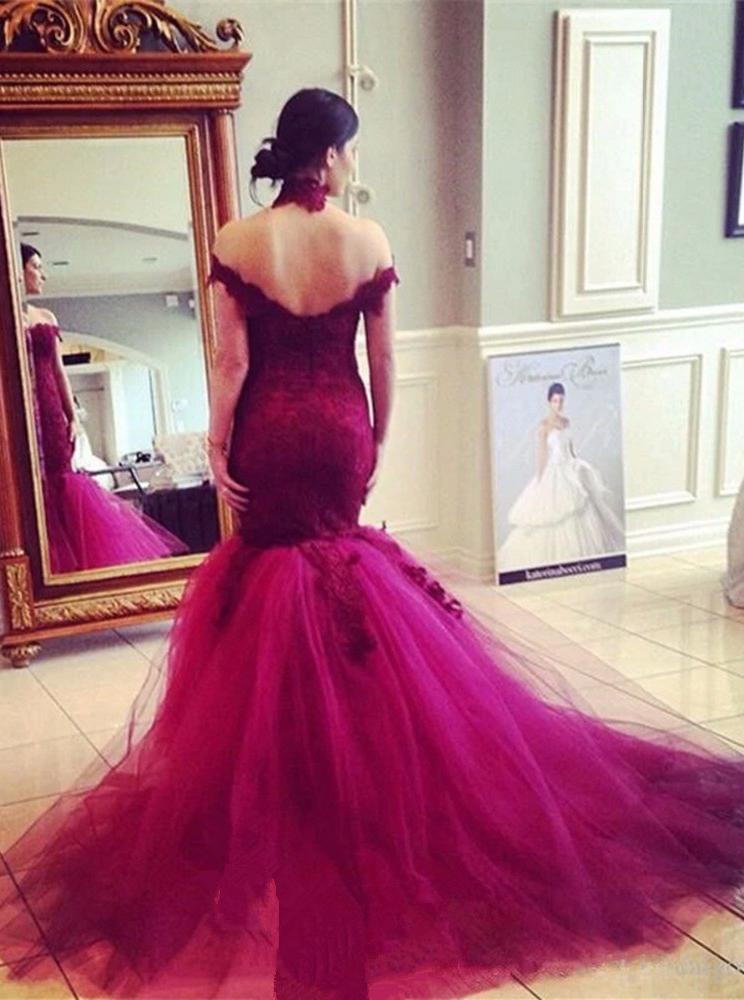 Chic Off the Shoulder Mermaid Burgundy Tulle Evening Dress Burgundy Prom Gown TD109