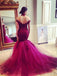 Chic Off the Shoulder Mermaid Burgundy Tulle Evening Dress Burgundy Prom Gown TD109