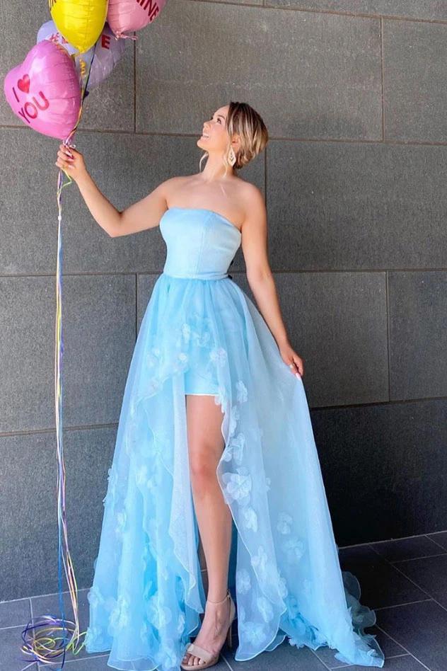 Princess Mermaid Strapless Long Prom Dresses Ice Blue Appliques Tulle Evening Dress PD165