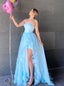 Princess Mermaid Strapless Long Prom Dresses Ice Blue Appliques Tulle Evening Dress PD165