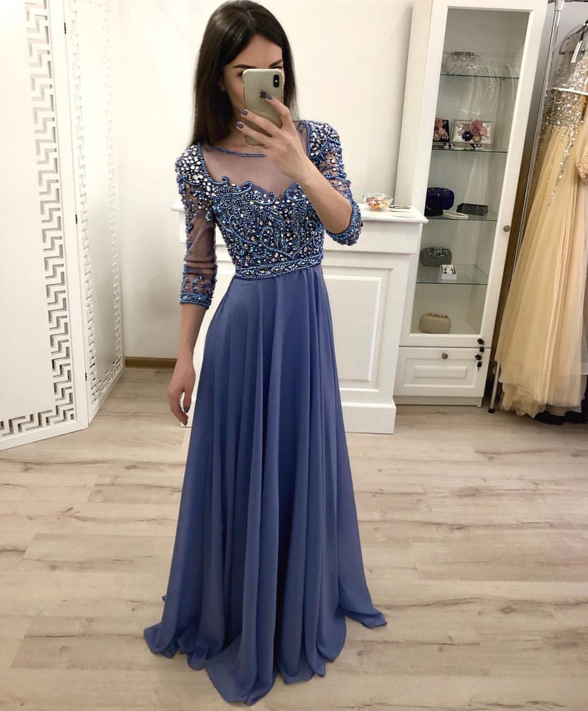 Chiffon A Line 3/4 Sleeves Beaded Blue Long Prom Dresses, Formal Party Dress PDI18
