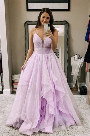 Sparkly A Line Spaghetti Straps V Neck Purple Tulle Long Prom Dresses, Party Dresses PD175