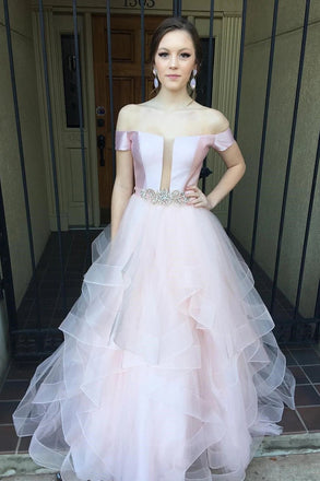 Elegant Off the Shoulder Long Pink Tulle Prom Dresses Beading Formal Evening Dresses TD105