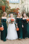 Simple Off the Shoulder Emerald Green Lace Long Sleeves Chiffon Bridesmaid Dresses BD20