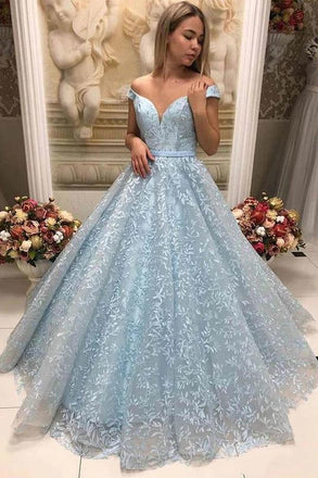 Light Blue V-neck Applique Tulle Long Prom Dress, Off the Shoulder Evening Dresses TD91