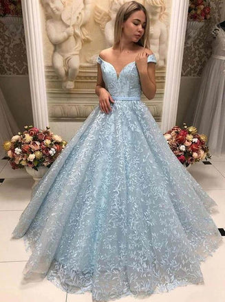 Light blue v-neck applique tulle long prom dress, off shoulder evening dress mg180