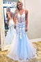 Charming Sky Blue Mermaid V Neck Prom Dresses with Lace Appliques, Formal Dresses PD142