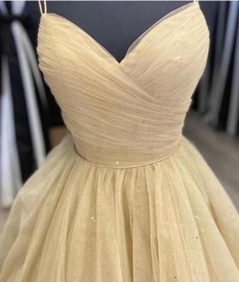 Simple spaghetti-straps long prom dress, tulle formal dress mg165