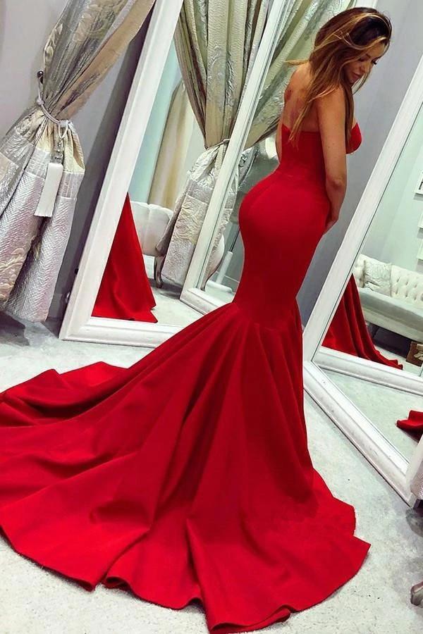 Sexy Red Mermaid Strapless Prom Dresses Sweetheart Sleeveless Cheap Evening Dresses TD123