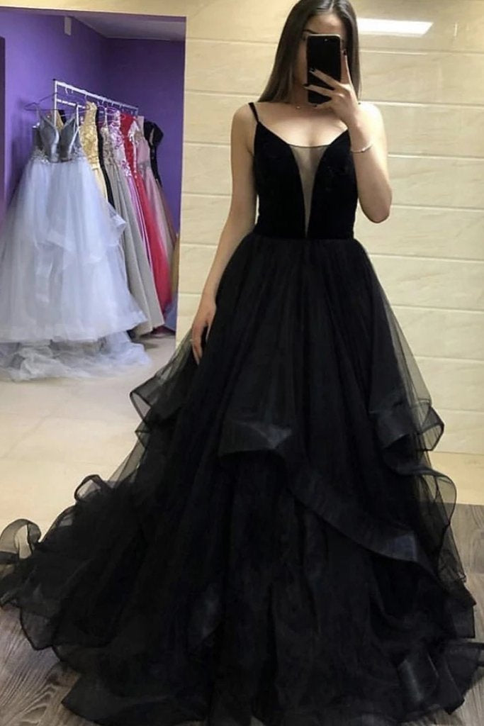 Unique Black Tulle Long Spaghetti Straps V Neck Prom Dresses, Evening Dress With Ruffles TD48