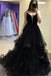 Unique Black Tulle Long Spaghetti Straps V Neck Prom Dresses, Evening Dress With Ruffles TD48