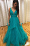 Simple A-line V-neck Straps Prom Dresses Blue Backless Tiered Skirt Evening Dresses TD38