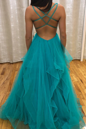 A-line v-neck prom dresses backless tiered skirt evening dress mg183