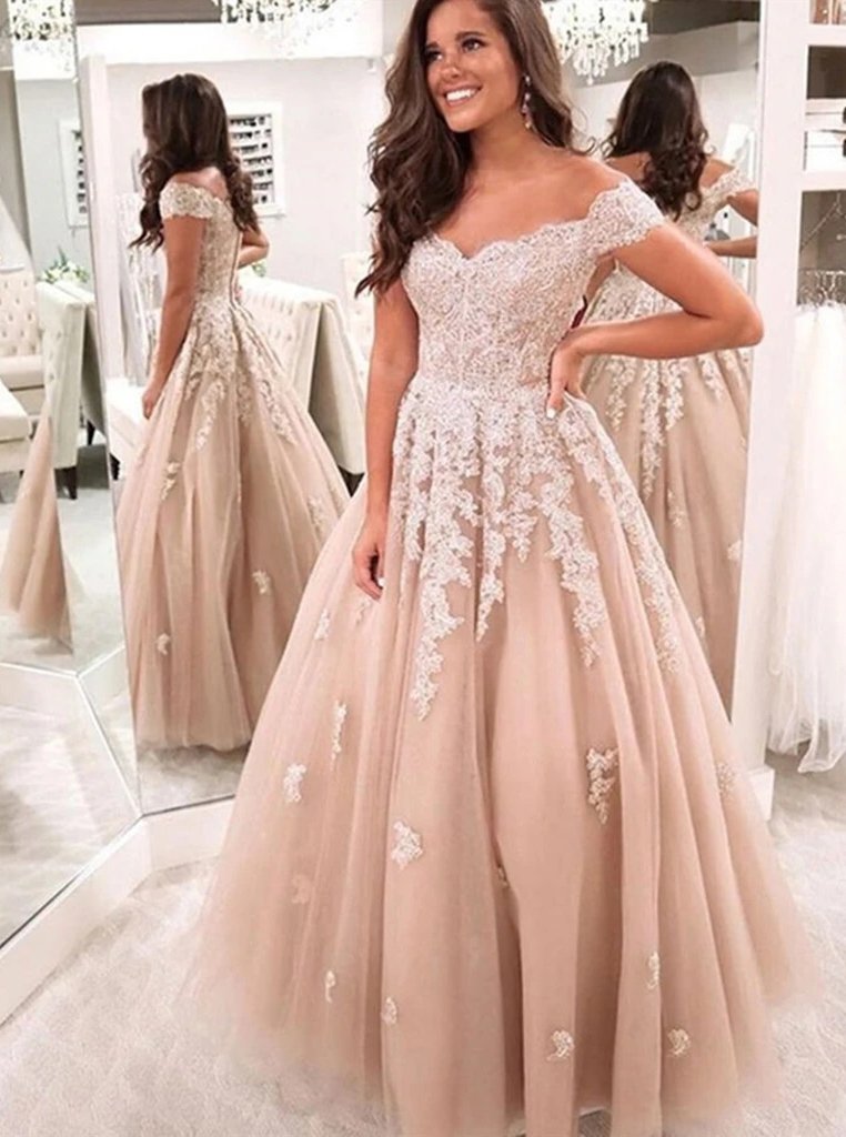 Off shoulder tulle formal prom dresses, lace appliques wedding dresses mg174