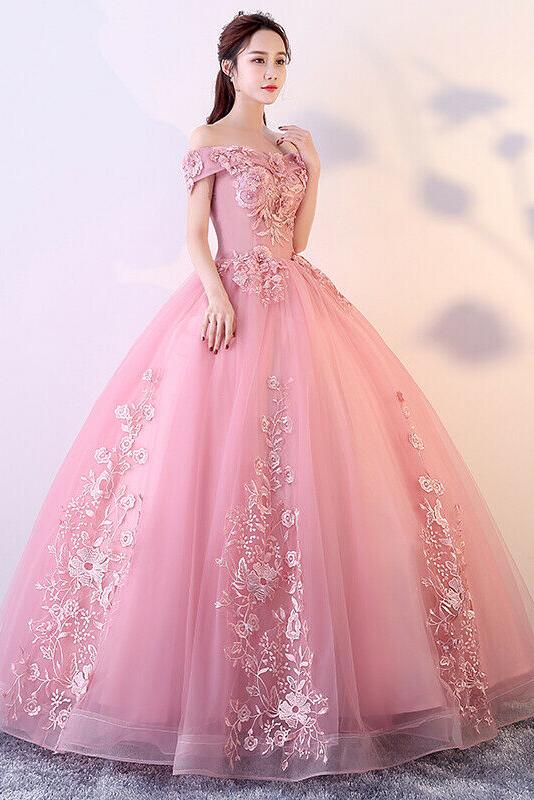 Princess Ball Gown Off the Shoulder Appliques Tulle Prom Dresses, Quinceanera Dresses TD115