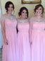 Simple A-line Scoop Cap Sleeves Long Chiffon Pink Bridesmaid Dresses With Beading BD04
