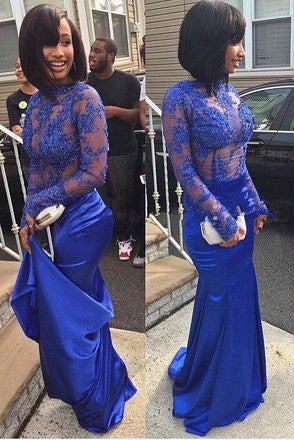 Mermaid Royal Blue Long Sleeves See Through Long Prom Dresses PDH54